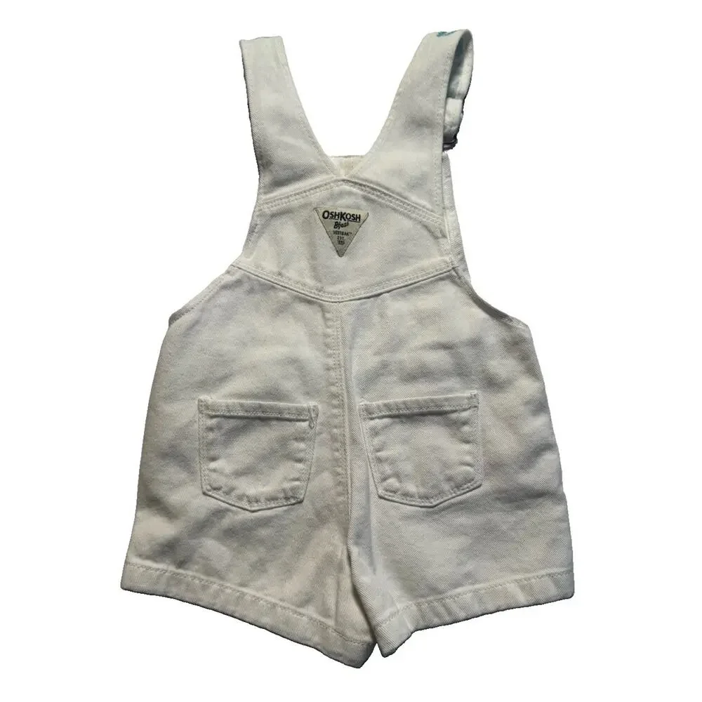 OshKosh B’gosh Girls White Denim Shortalls Floral Embroidered 3T Overalls